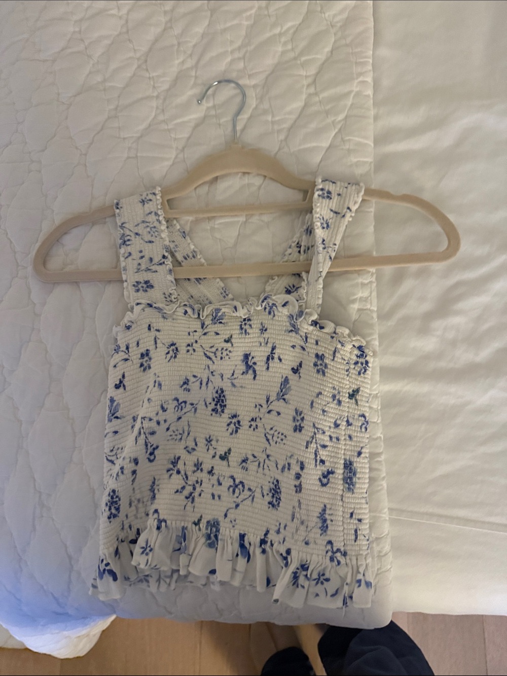 White & Blue Floral Smocked Tank Top